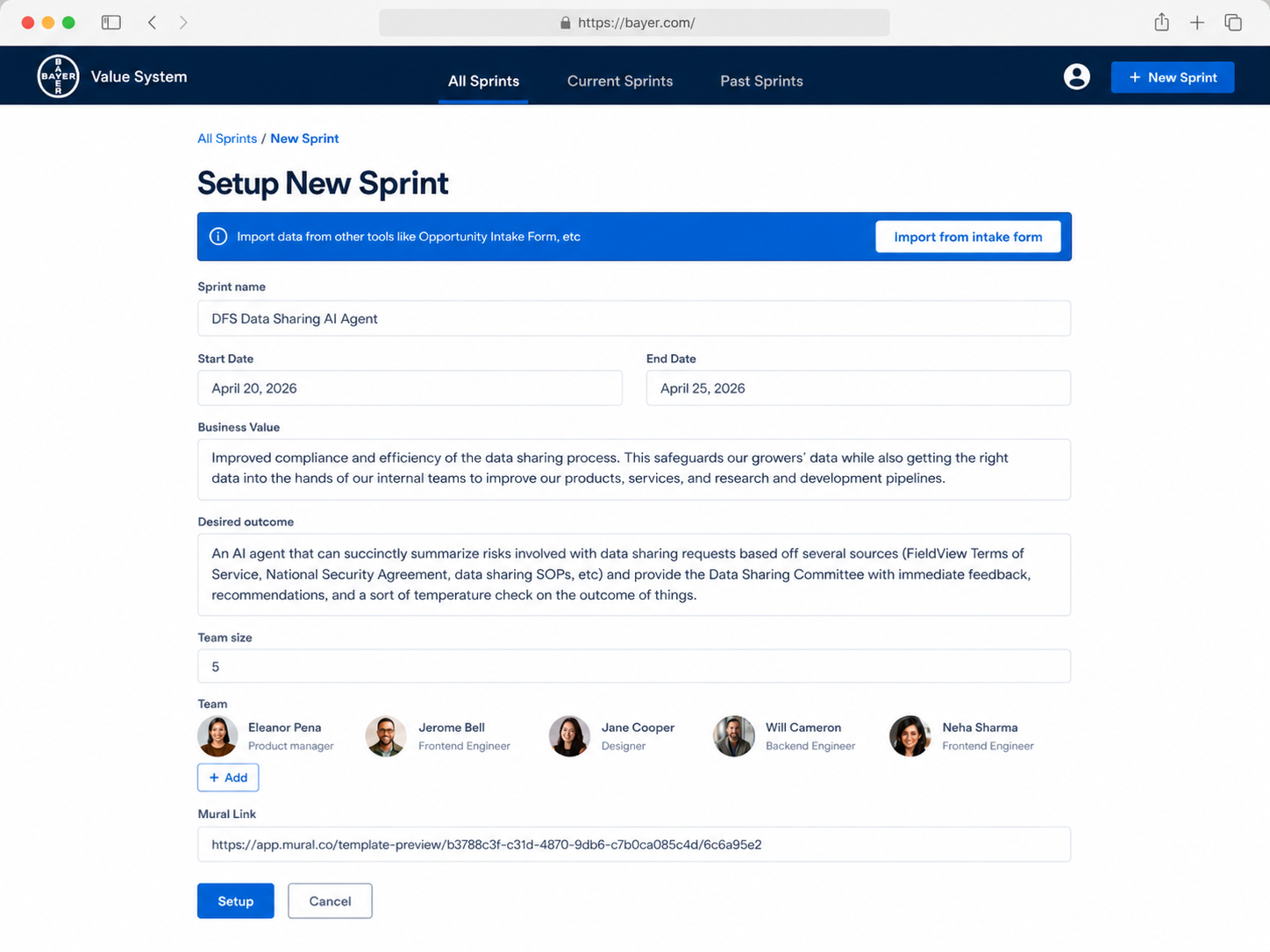 Setup screen: pre-sprint baseline capture — sprint goal, team composition, expected value